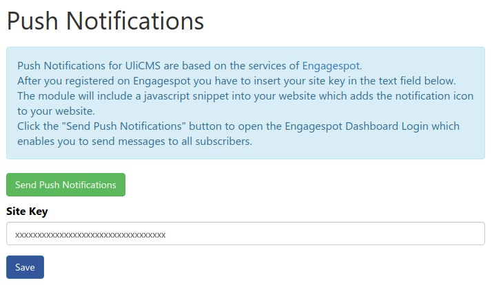 Screenshot Push Benachrichtigungen für UliCMS